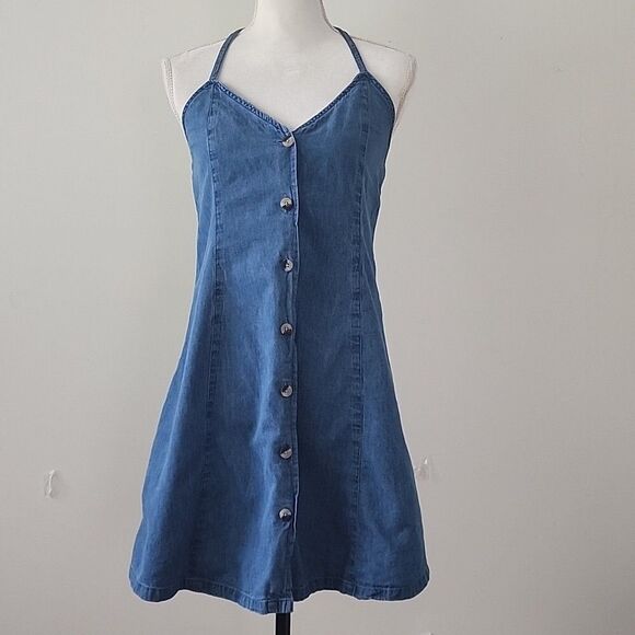 ASOS Design Midwash Chambray Halter Neck Button Down Mini Dress 6 UK 10 (21) - Picture 5 of 11